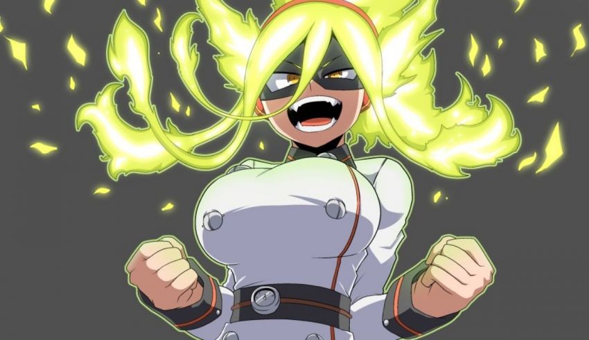 A girl in a white uniform with yellow hair and yellow flames.
