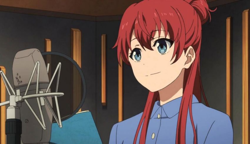 An anime girl with red hair in front of a microphone.