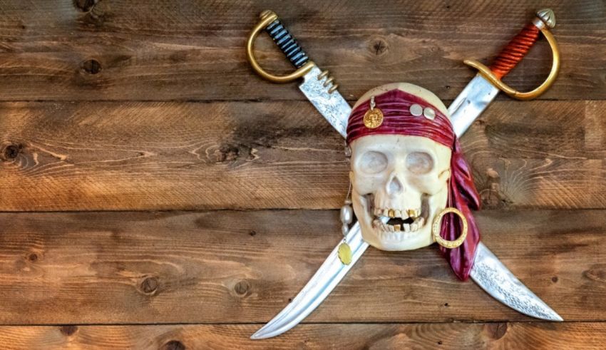 Pirate skull and swords on a wooden wall.
