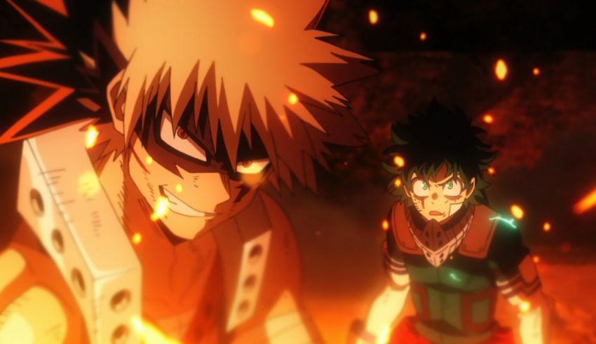 Two anime characters standing in front of fire.