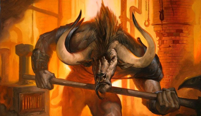 A painting of a bull with an axe.