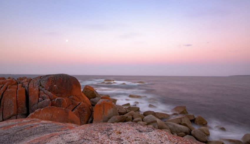 A rocky shore with a pink sky and moon at dusk.