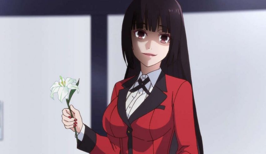An anime girl in a red suit holding a flower.