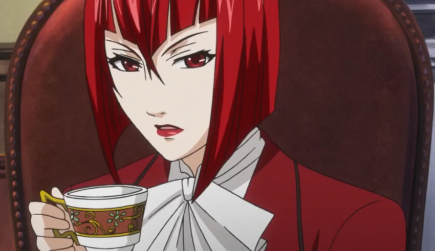 A red haired anime character holding a cup of coffee.