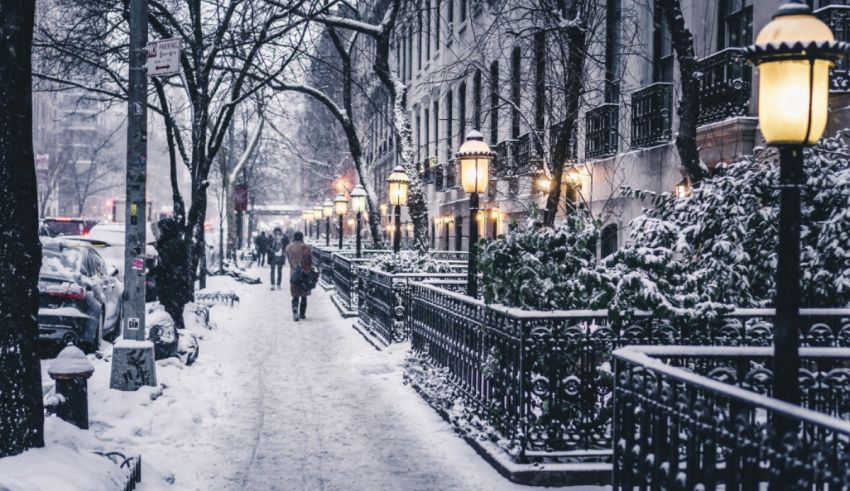 A snow covered street in new york city.