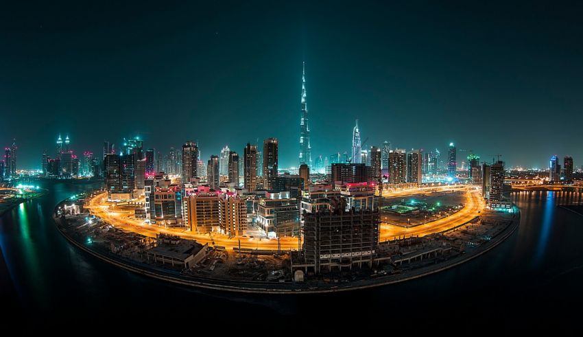 A city skyline at night.