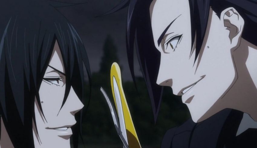 Two anime characters looking at each other with a knife.