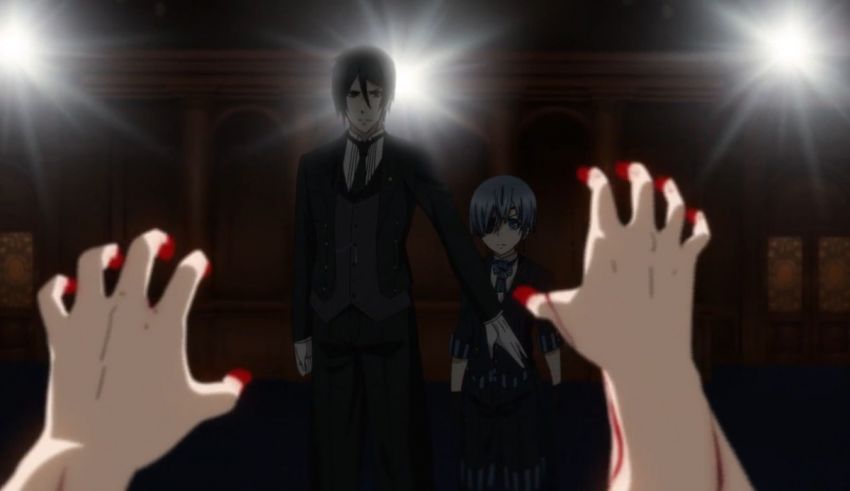 A cartoon of a man in a suit and a woman in a dark room.