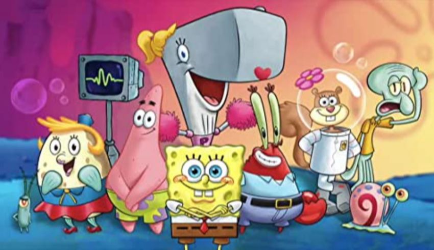 Spongebob squarepants cartoon characters in front of a colorful background.