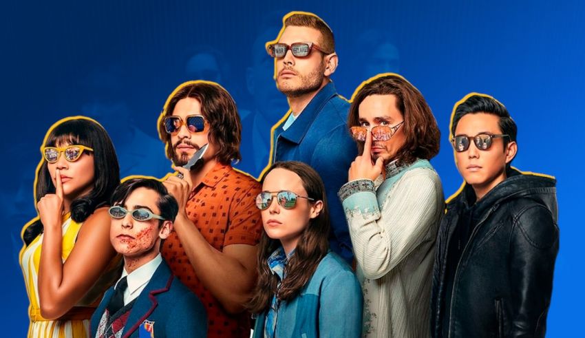 A group of people in sunglasses standing in front of a blue background.