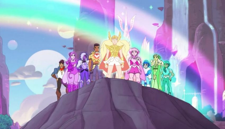 A group of characters standing on a rock in front of a rainbow.