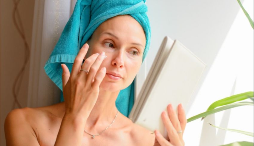 A woman with a towel on her head is looking at a tablet.