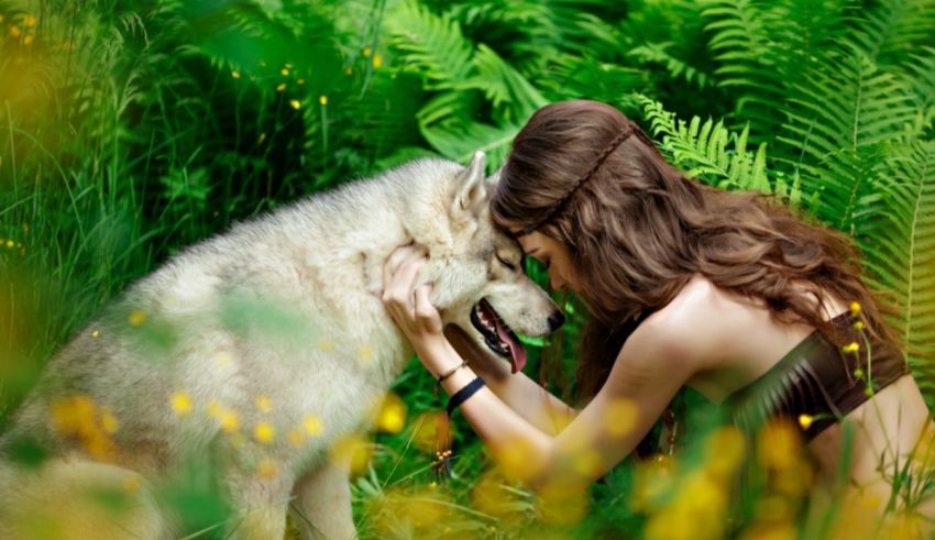 A woman is petting a white wolf in the grass.