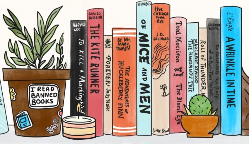 A row of books with a candle and potted plants.