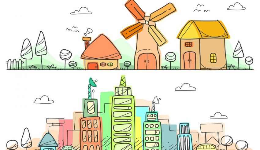 A set of hand drawn illustrations of a city with buildings and windmills.