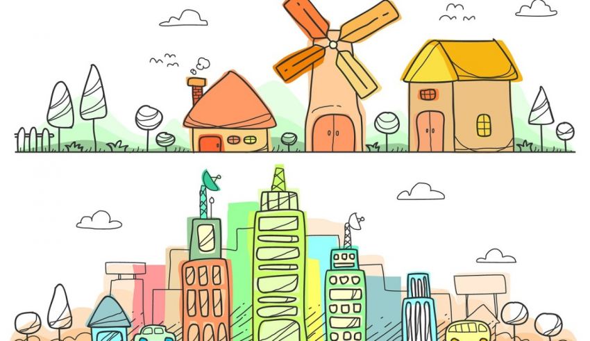 A set of hand drawn illustrations of a city with buildings and windmills.
