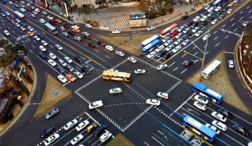 A traffic jam in a busy intersection.