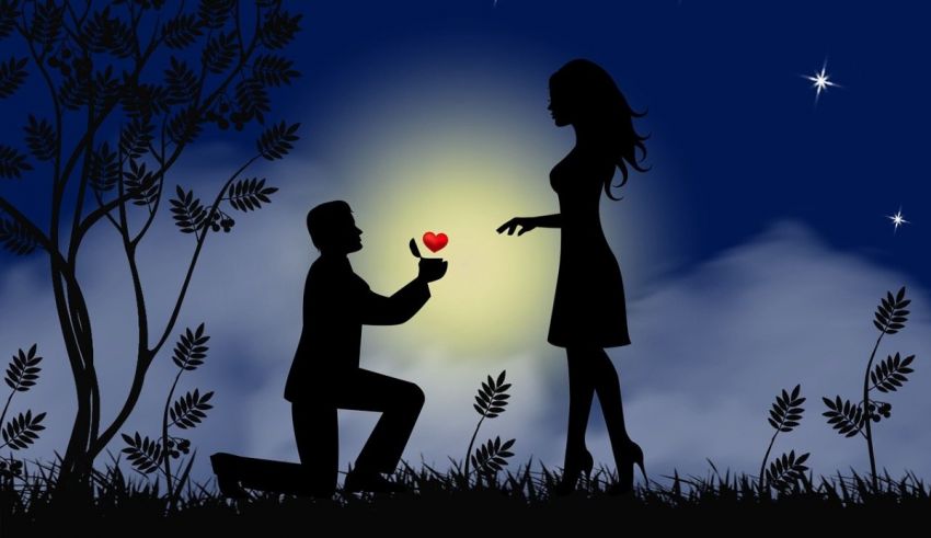 A man is kneeling down to propose to a woman at night.