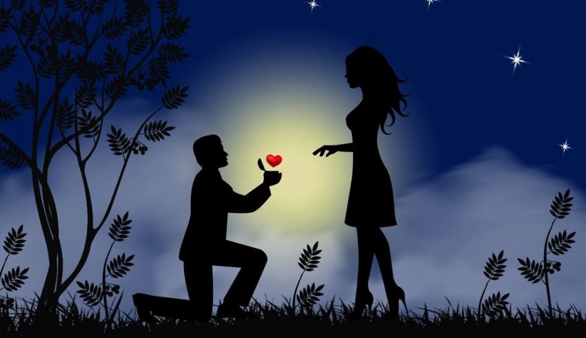 A man is kneeling down to propose to a woman at night.