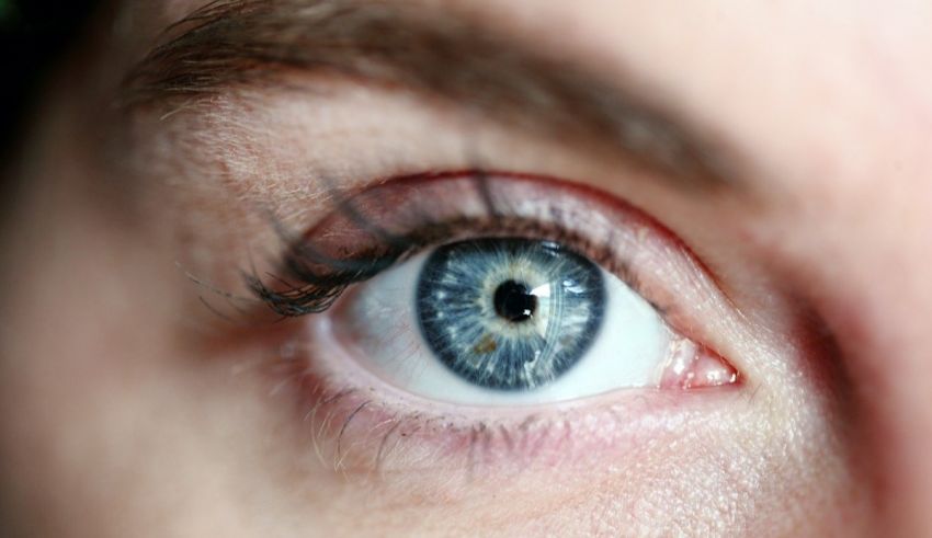 A close up of a person's blue eye.