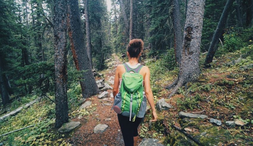 A woman hiking in the woods with a backpack.