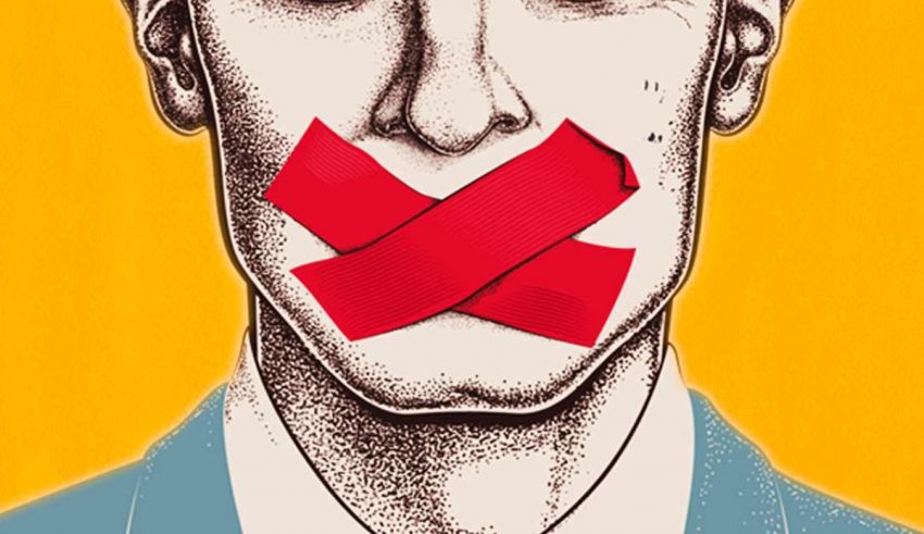 An illustration of a man with a red tape on his mouth.