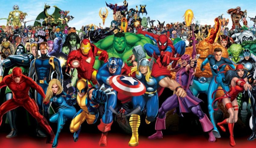 A group of superheroes in a large group.