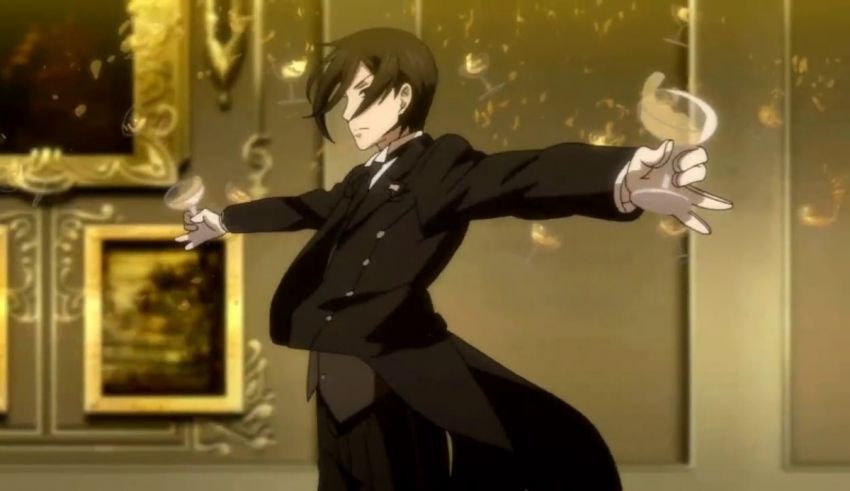 A man in a black suit is holding a sword.