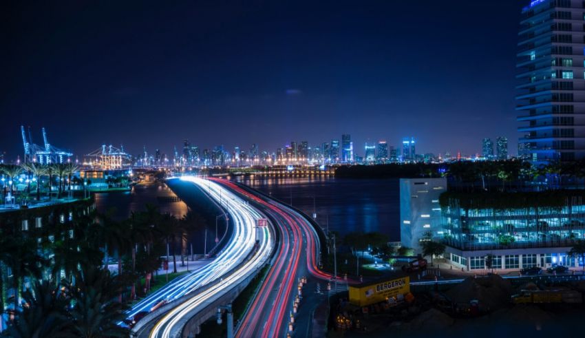 A city skyline at night.