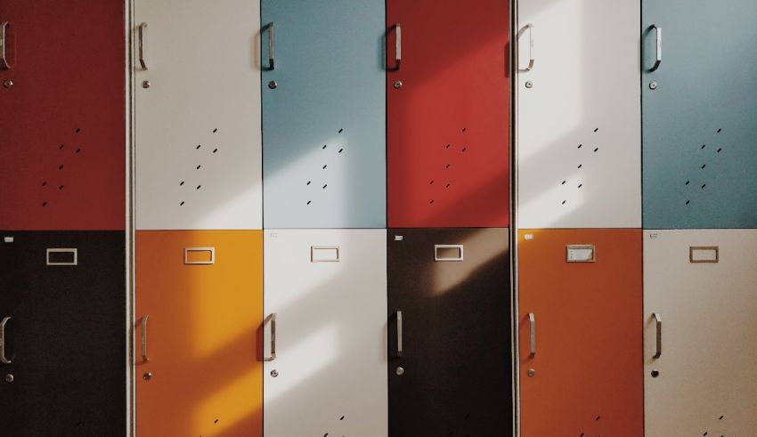 A row of colorful lockers.