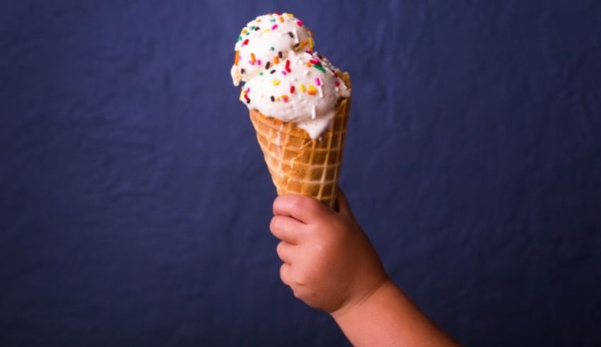 A hand holding an ice cream cone.