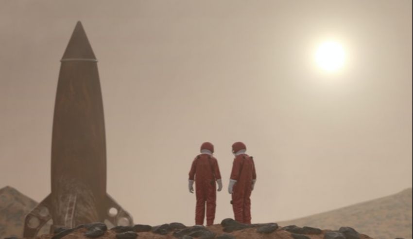 Two astronauts looking at a spacecraft in the desert.