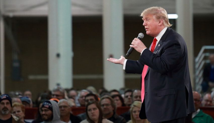 Donald trump speaks into a microphone in front of a crowd.
