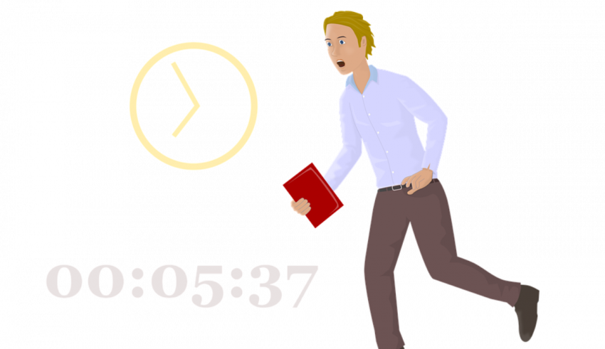 A man running with a clock in front of him.