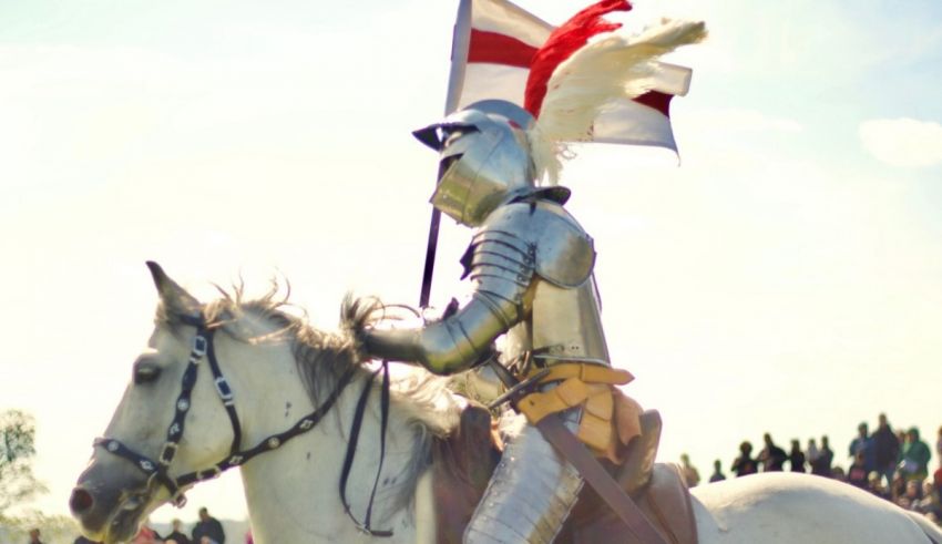 A knight riding a horse with a flag.