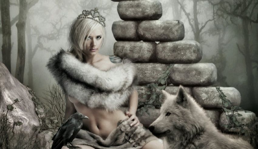 A woman with a wolf and two crows.