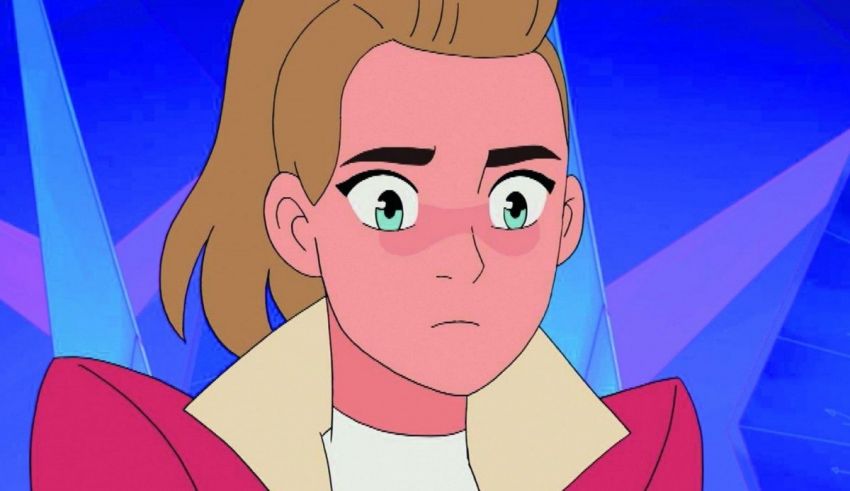 A cartoon character with blue eyes and a red jacket.