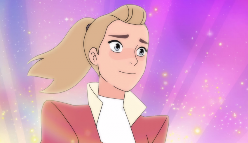 A cartoon girl with blonde hair in front of a starry background.
