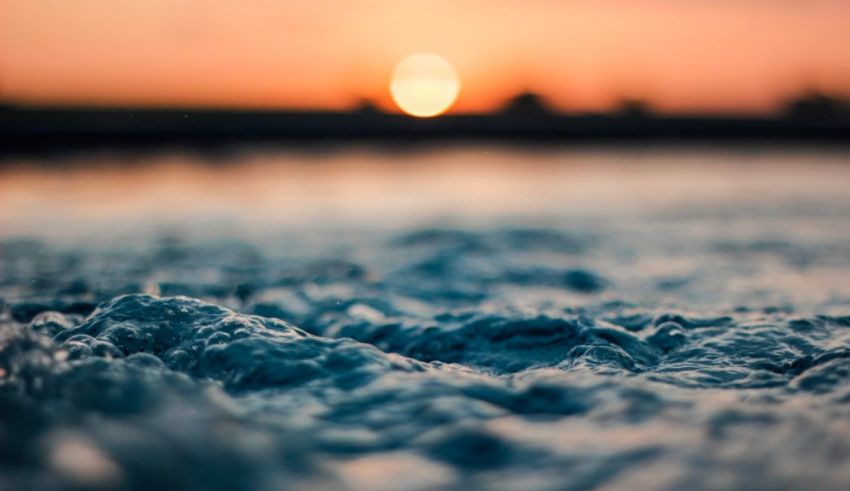 A close up image of a water surface with the sun setting behind it.