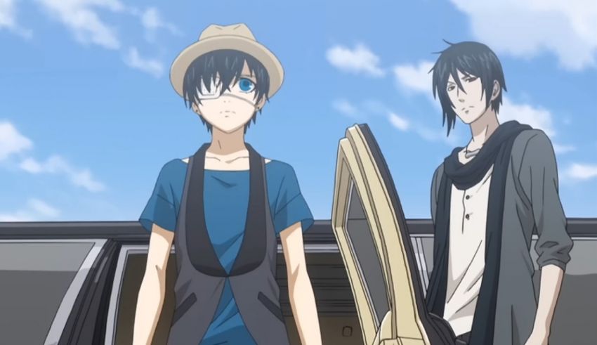 Two anime characters standing in front of a car.