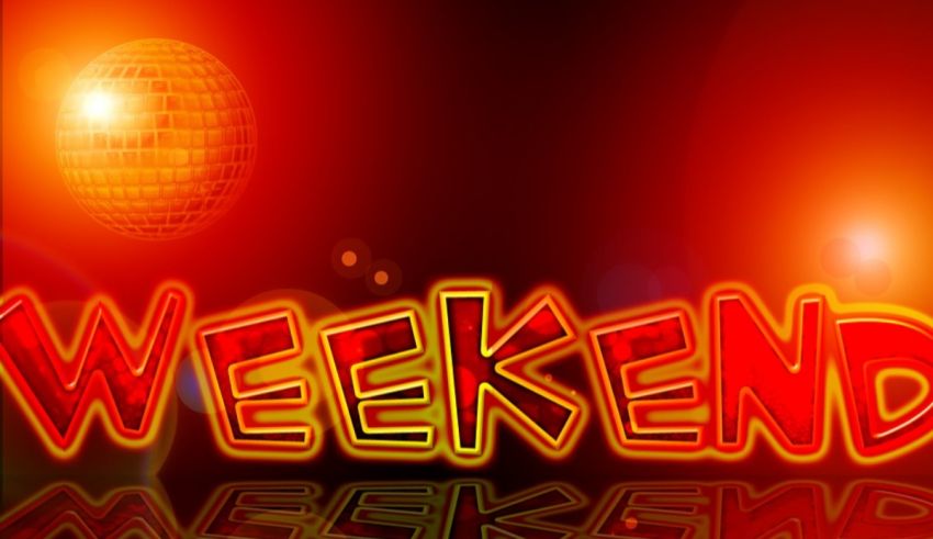 The word weekend on a red background with a disco ball.