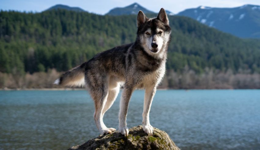 A husky dog standing on a rock in front of a lake.