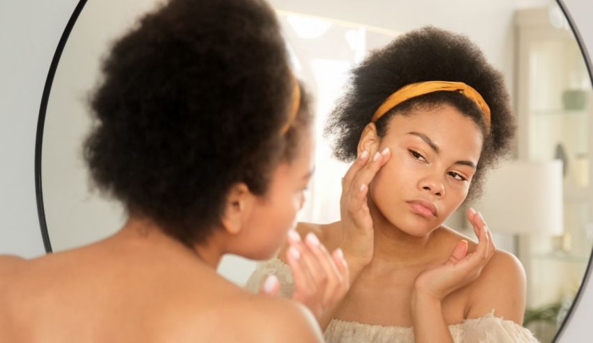 A woman is looking at her face in a mirror.