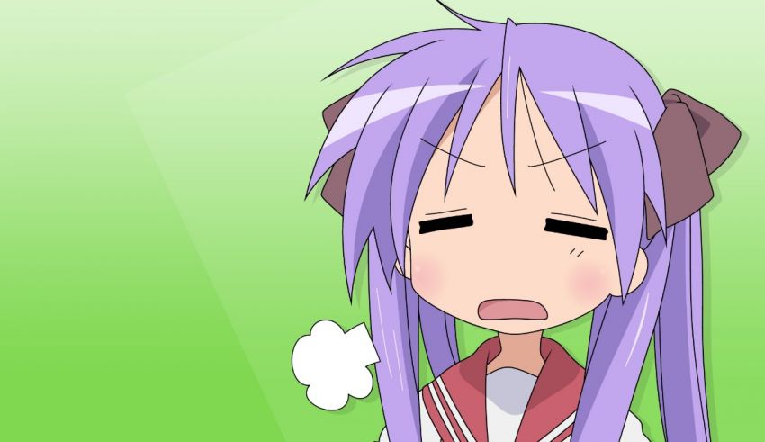 An anime girl with purple hair and a green background.