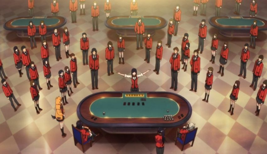 A group of people standing around a poker table.