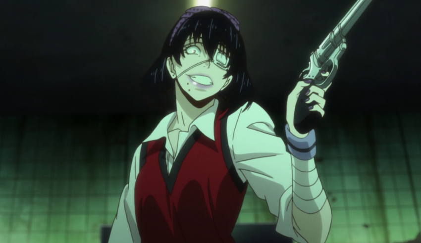 An anime girl holding a gun in her hand.