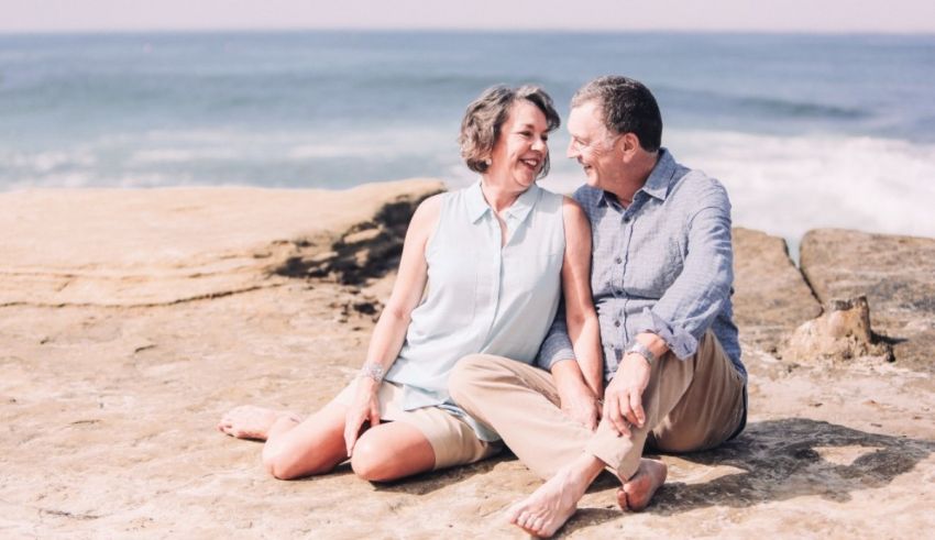 An older couple sitting on rocks near the ocean.