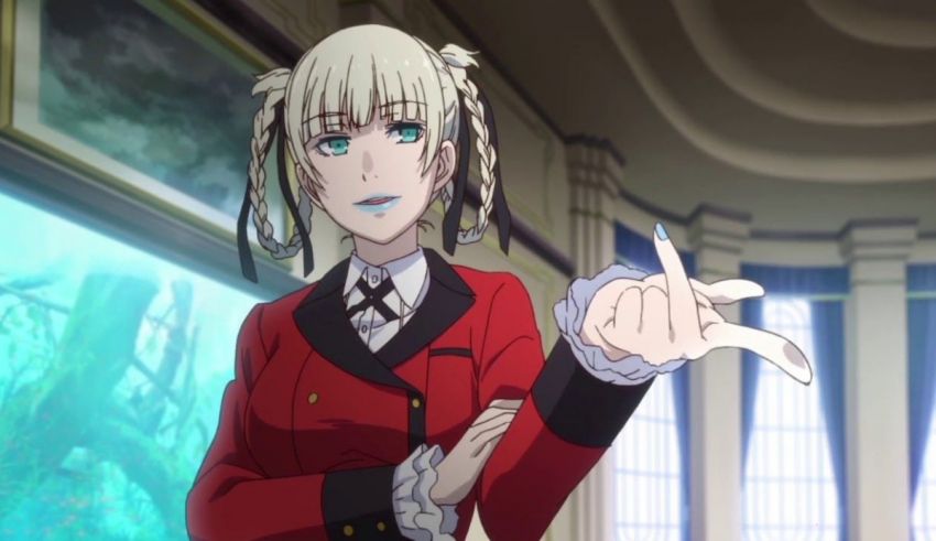 A female anime character in a red suit pointing her finger.