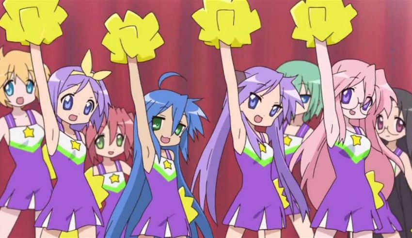 A group of anime girls holding yellow pom poms.