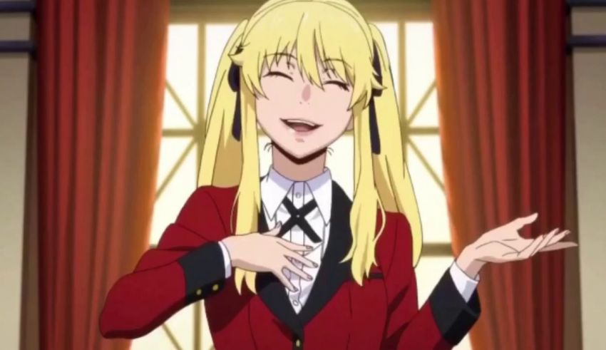 An anime girl in a red suit with long blonde hair.